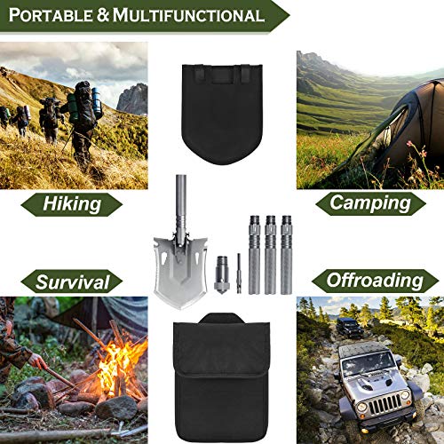 iunio Survival Folding Shovel with Handle Lock Design, Portable Entrenching Tool, Foldable Camping Multitool, Tactical Collapsible Spade for Hiking, Backpacking, Offroading, Car Emergency (Gray)