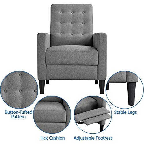 Topeakmart Mid-Century Modern Fabric Recliner Modern Tufted Reclining Single Sofa for Living Room Padded Cushion Home Theater Seat Grey