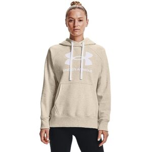 under armour womens rival fleece logo hoodie , oatmeal light heather (783)/white , x-small