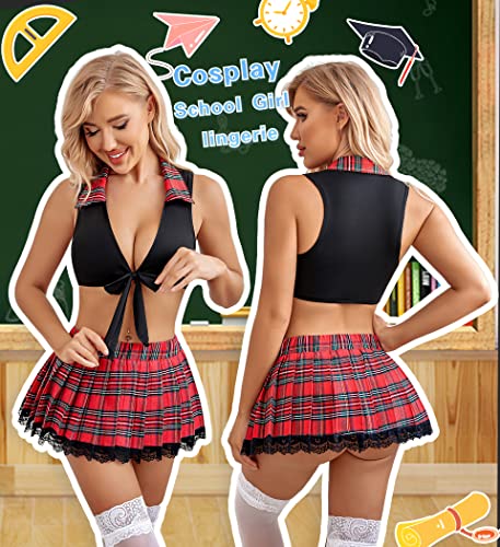 Avidlove School Girl Lingerie for Women Sexy Cosplay Lingerie Set Two Piece Teacher Roleplay Costumes with Mini Skirt(Black,M)
