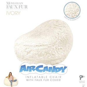 Air Candy Mongolian Faux Fur Ivory White Inflatable Chair, Premium, Soft, Fluffy Fur, Contemporary Design for Bedroom, Dorm, Living Room, Gaming, Removable and Washable Fur Cover