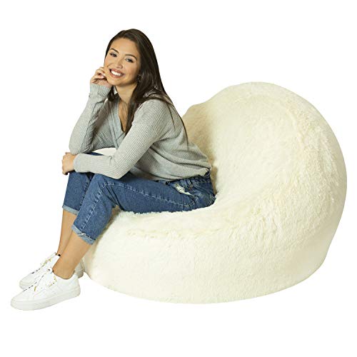 Air Candy Mongolian Faux Fur Ivory White Inflatable Chair, Premium, Soft, Fluffy Fur, Contemporary Design for Bedroom, Dorm, Living Room, Gaming, Removable and Washable Fur Cover