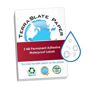 terraslate paper | 5 mil permanent adhesive waterproof labels | 8.5" x 11" printable sticker paper | laser printer, copy machine, & digital press compatible adhesive printer paper, (25 sheets)