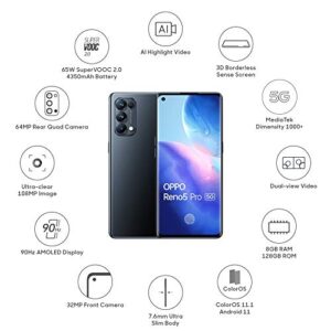 OPPO Reno5 Pro 5G Dual-SIM 128GB ROM + 8GB RAM (GSM only | No CDMA) Factory Unlocked 5G Smartphone (Starry Black) - International Version