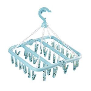 rivama clothes drying hanger with 32 clips,baby clothes drying rack,sock clips for laundry foldable clothes hangers for drying socks,towels,underwear,bras,diapers,baby clothes,gloves,hat (light blue)