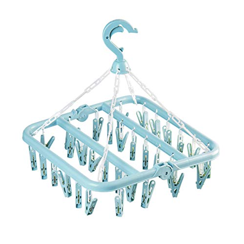 Rivama Clothes Drying Hanger with 32 Clips,Baby Clothes Drying Rack,Sock Clips for Laundry Foldable Clothes Hangers for Drying Socks,Towels,Underwear,Bras,Diapers,Baby Clothes,Gloves,Hat (Light Blue)