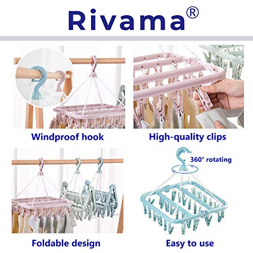 Rivama Clothes Drying Hanger with 32 Clips,Baby Clothes Drying Rack,Sock Clips for Laundry Foldable Clothes Hangers for Drying Socks,Towels,Underwear,Bras,Diapers,Baby Clothes,Gloves,Hat (Light Blue)