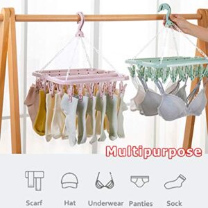 Rivama Clothes Drying Hanger with 32 Clips,Baby Clothes Drying Rack,Sock Clips for Laundry Foldable Clothes Hangers for Drying Socks,Towels,Underwear,Bras,Diapers,Baby Clothes,Gloves,Hat (Light Blue)