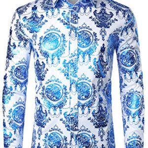 ZEROYAA Men's Luxury Shiny Design Slim Fit Long Sleeve Button up Dress Shirts ZZCL47 White Royal X Large