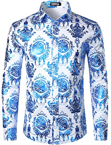 ZEROYAA Men's Luxury Shiny Design Slim Fit Long Sleeve Button up Dress Shirts ZZCL47 White Royal X Large
