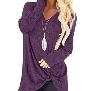 SimpleFun Twist Knot Tunic Tops for Women Petite Long Sleeve V Neck Loose Fitting Tshirts Purple S