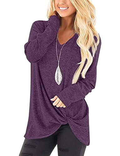 SimpleFun Twist Knot Tunic Tops for Women Petite Long Sleeve V Neck Loose Fitting Tshirts Purple S