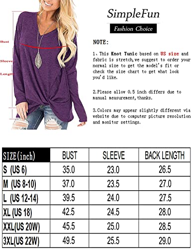 SimpleFun Twist Knot Tunic Tops for Women Petite Long Sleeve V Neck Loose Fitting Tshirts Purple S