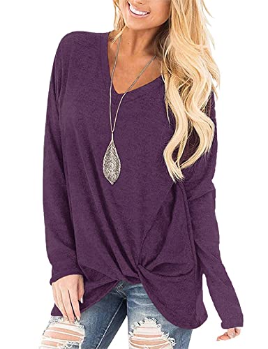 SimpleFun Twist Knot Tunic Tops for Women Petite Long Sleeve V Neck Loose Fitting Tshirts Purple S