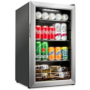 ivation 101 can beverage refrigerator | freestanding ultra cool mini drink fridge | beer, cocktails, soda, juice cooler for home & office | reversible glass door & adjustable shelving, stainless steel