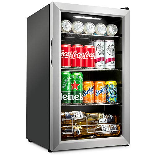 Ivation 101 Can Beverage Refrigerator | Freestanding Ultra Cool Mini Drink Fridge | Beer, Cocktails, Soda, Juice Cooler for Home & Office | Reversible Glass Door & Adjustable Shelving, Stainless Steel