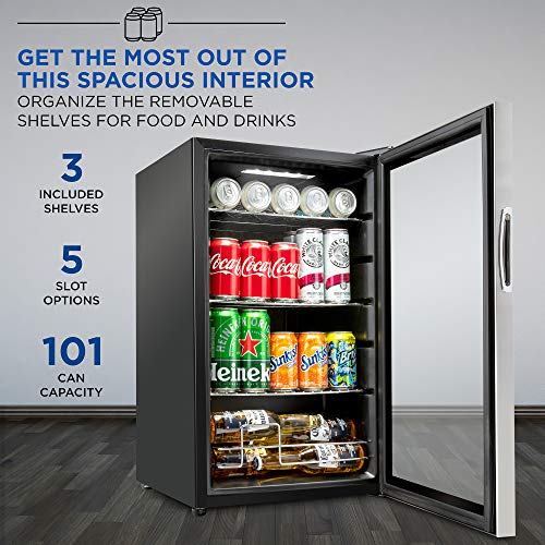 Ivation 101 Can Beverage Refrigerator | Freestanding Ultra Cool Mini Drink Fridge | Beer, Cocktails, Soda, Juice Cooler for Home & Office | Reversible Glass Door & Adjustable Shelving, Stainless Steel