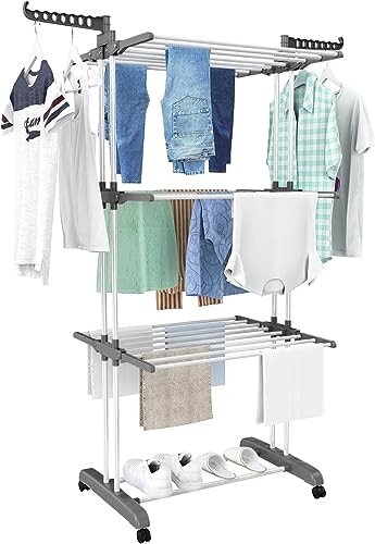 ULTRALED Clothes Drying Rack,3 Tier Rolling Dryer Clothes Hanger,Collapsible Garment Laundry Rack with Foldable Wings and Casters Indoor/Outdoor,Large Standing Rack Stainless Steel Hanging Rods