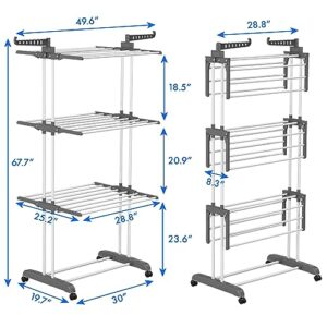 ULTRALED Clothes Drying Rack,3 Tier Rolling Dryer Clothes Hanger,Collapsible Garment Laundry Rack with Foldable Wings and Casters Indoor/Outdoor,Large Standing Rack Stainless Steel Hanging Rods