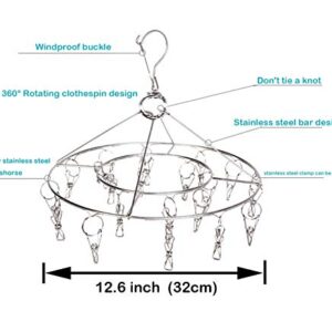 CenYouful Stainless Steel Round Hanging Drying Rack with 20 Clips for Drying Socks, Baby Clothes, Bras, Towel, Underwear, Hat, Scarf, Pants, Gloves