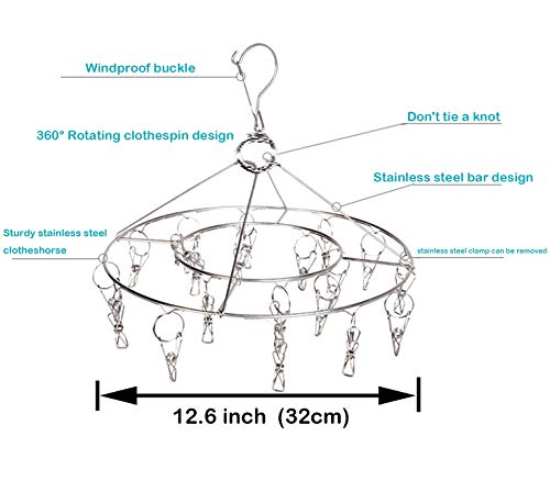 CenYouful Stainless Steel Round Hanging Drying Rack with 20 Clips for Drying Socks, Baby Clothes, Bras, Towel, Underwear, Hat, Scarf, Pants, Gloves