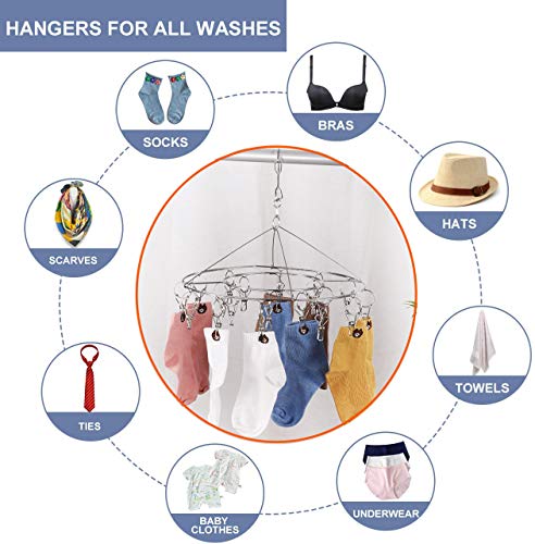 CenYouful Stainless Steel Round Hanging Drying Rack with 20 Clips for Drying Socks, Baby Clothes, Bras, Towel, Underwear, Hat, Scarf, Pants, Gloves