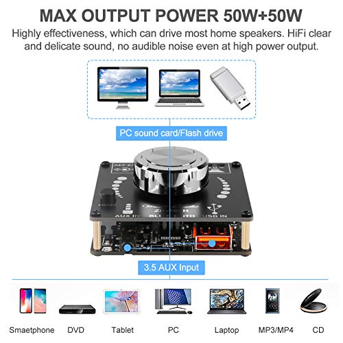 MakerHawk Blue Tooth Amplifier Board HiFi Stereo 2.0 2X50W Audio Amplifier Module TPA3116D2 Digital Power Amplifier Blue Tooth 5.0 Dual Channel AMP with AUX/USB/Flash Drive/PC Sound Card Input