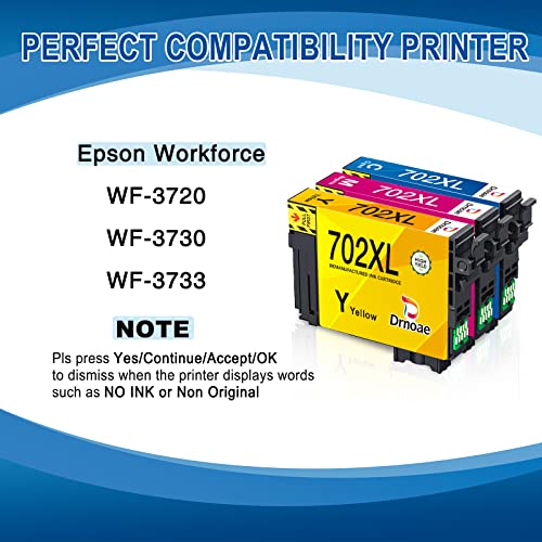 Drnoae 702XL Ink Cartridge Remanufactured 702xl Color Ink Cartridge Replacement for Epson 702XL 702 T702XL to use with Workforce Pro WF-3720 WF-3730 WF-3733 Printer (1Cyan, 1Yellow, 1Magenta, 3 Pack)