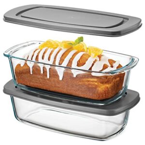 finedine glass loaf baking pan with lid - 2-pack with bpa-free airtight lids - perfect for baking bread, meatloaf, and more, gray