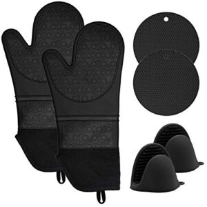 kohsen silicone oven mitts and pot holders set, 6 piece set with 2 hot pads-heat resistant to 450℉-extra long 15 inch professional silicone oven mitts for grilling cooking baking(black)