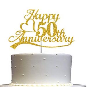 50th Anniversary Cake Topper Gold Glitter, 50 Wedding Anniversary Party Decoration Ideas, Premium Quality, Sturdy Doubled Sided Glitter, Acrylic Stick. Made in USA (50th Gold)