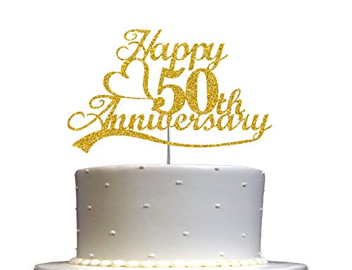 50th Anniversary Cake Topper Gold Glitter, 50 Wedding Anniversary Party Decoration Ideas, Premium Quality, Sturdy Doubled Sided Glitter, Acrylic Stick. Made in USA (50th Gold)