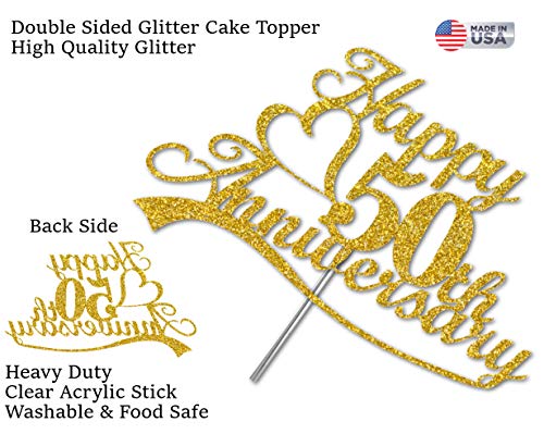 50th Anniversary Cake Topper Gold Glitter, 50 Wedding Anniversary Party Decoration Ideas, Premium Quality, Sturdy Doubled Sided Glitter, Acrylic Stick. Made in USA (50th Gold)