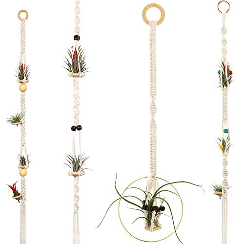 4 Pieces Hanging Air Plant Holders Tassel Plant Hanger Fabric Woven Hanging Plant Holder Decorative Air Plant Hanger with 4 Pieces Hooks for Home Plant Decoration (Beige)