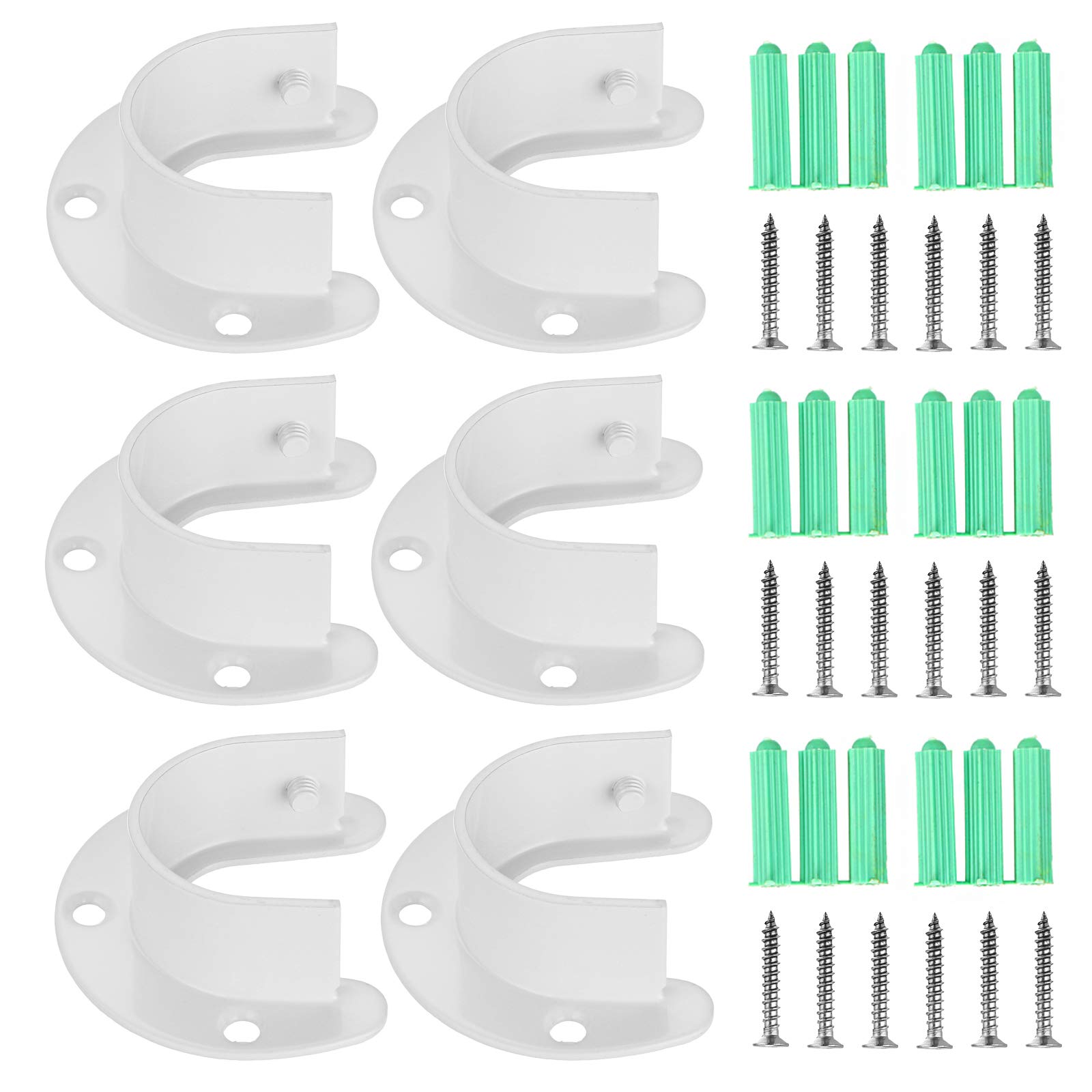 OwnMy 6 Packs Closet Rod End Supports Curtain Flange Rod Holder 1-1/4" Diameter, U Shaped Stainless Steel Closet Pole Sockets Opening Flange Rod Bracket for Closet Shelf Wardrobe Shower Curtain, White