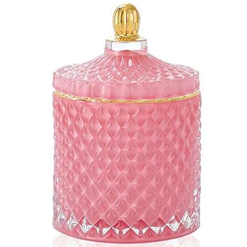 EVEREST GLOBAL European Glass Storage Jar Candy Bowl with Cover Sugar Cans Sugar Bowl with Lid Diamond Candy Box Jewelry Storage Jar Kitchen Storage Jar (Pink, D 3.35" H 5.12")