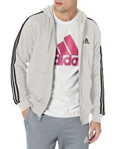 adidas men's essentials french terry 3-stripes full-zip hoodie, medium grey heather/black