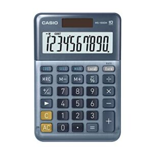 CASIO MS-100EM Desktop Calculator 10 Digit Currency Conversion Cost/Sell/Margin, Aluminium Front, Solar/Battery Operated, Blue