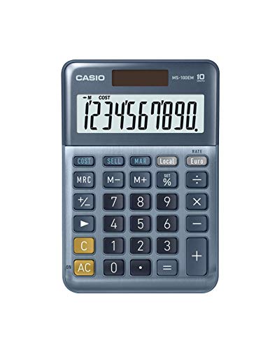 CASIO MS-100EM Desktop Calculator 10 Digit Currency Conversion Cost/Sell/Margin, Aluminium Front, Solar/Battery Operated, Blue