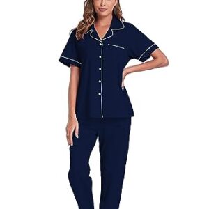 COLORFULLEAF Women's 100% Cotton Pajama Set Summer Button Down Short Sleeve Shirt and Long Pants Sleepwear Soft Lounge Sets(Navy Blue, L)