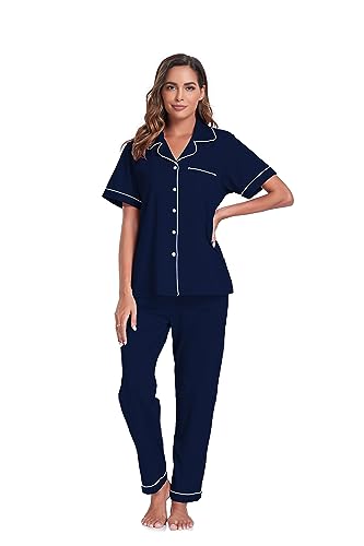 COLORFULLEAF Women's 100% Cotton Pajama Set Summer Button Down Short Sleeve Shirt and Long Pants Sleepwear Soft Lounge Sets(Navy Blue, L)