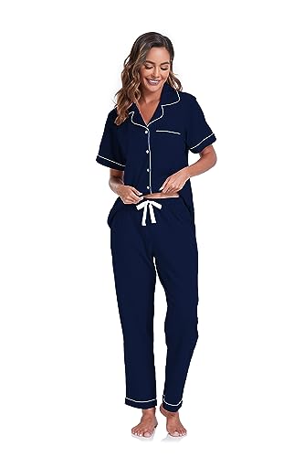 COLORFULLEAF Women's 100% Cotton Pajama Set Summer Button Down Short Sleeve Shirt and Long Pants Sleepwear Soft Lounge Sets(Navy Blue, L)