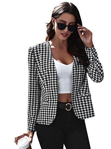 Milumia Women Elegant Open Front Houndstooth Blazer Work Office Jacket Outwear Black X-Large