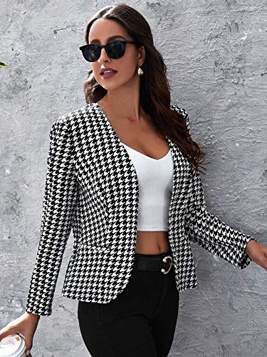 Milumia Women Elegant Open Front Houndstooth Blazer Work Office Jacket Outwear Black X-Large