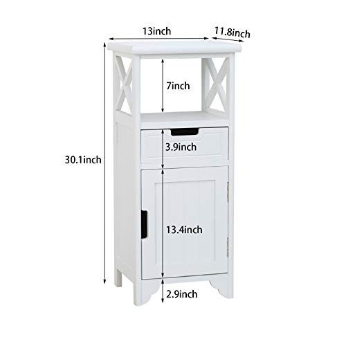 BECTSBEFF Tall End Table with Drawer and Doors(Fully Assembled), 30" Height Floor Standing Storage Cabinet with Shelf for Bathroom, Wood Side Table/Nightstand/Side Cabinet for Bedroom -White