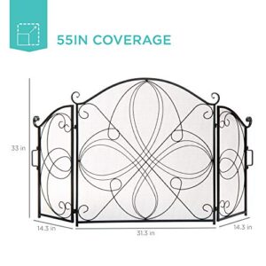 Best Choice Products 3-Panel 55x33in Solid Wrought Iron See-Through Metal Fireplace Screen, Spark Guard Safety Protector w/Decorative Scroll - Black