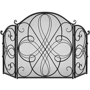 best choice products 3-panel 55x33in solid wrought iron see-through metal fireplace screen, spark guard safety protector w/decorative scroll - black