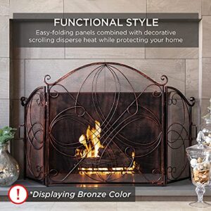 Best Choice Products 3-Panel 55x33in Solid Wrought Iron See-Through Metal Fireplace Screen, Spark Guard Safety Protector w/Decorative Scroll - Black