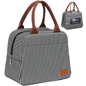bageri insulated lunch bag women - lunch bag for women men reusable lunch box leakproof thermal cooler sack food handbags case high capacity for work and travel (black white stripe)