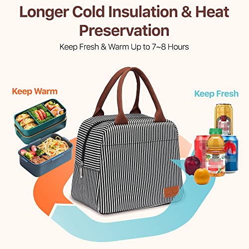 Bageri Insulated Lunch Bag Women - Lunch Bag for Women Men Reusable Lunch Box Leakproof Thermal Cooler Sack Food Handbags Case High Capacity for Work and Travel (Black White Stripe)